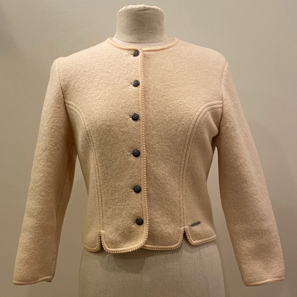 Geiger Womens Knit Cream Knit Blazer / Jacket w Crew Neck and Silver Buttons /S